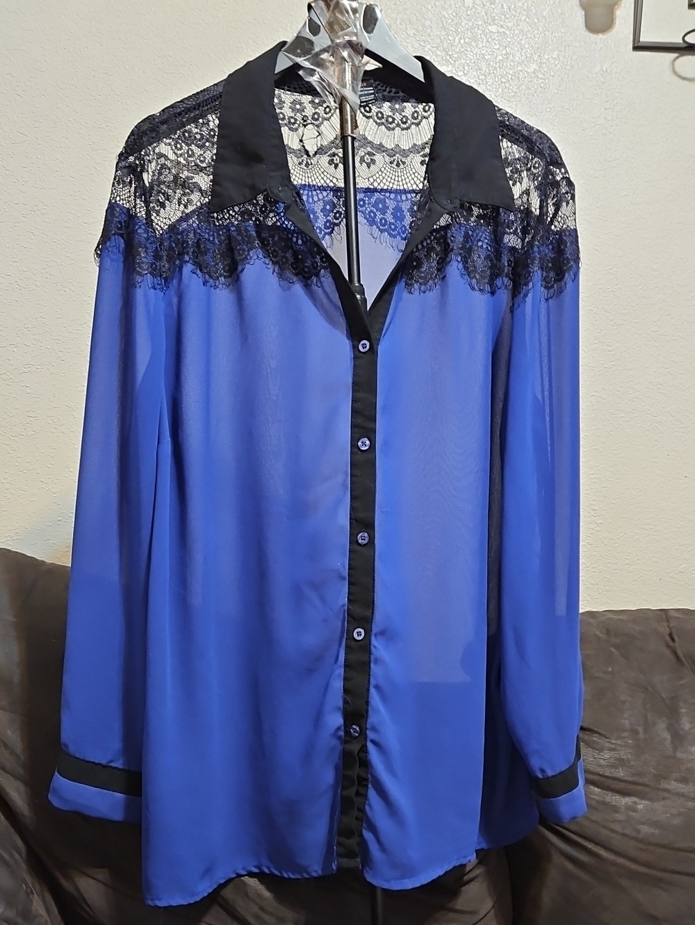 Fun & Flirt Blue Button-Down Blouse with Black Lace Yoke